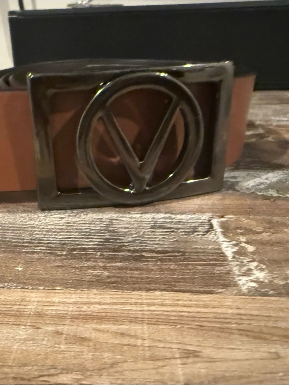 Valentino Brown Leather Belt with Gunmetal V Buckle